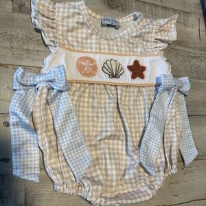 Baby Gingham Romper with Seashell Embroidery